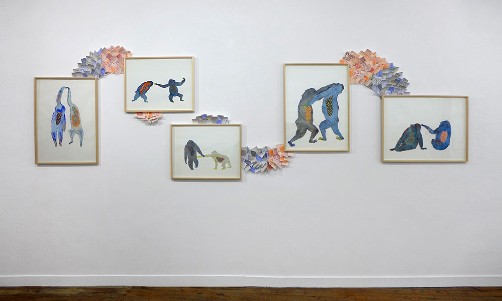 art contemporain, contemporary art, watercolor, aquarelle, posture, primate, motifs, pattern