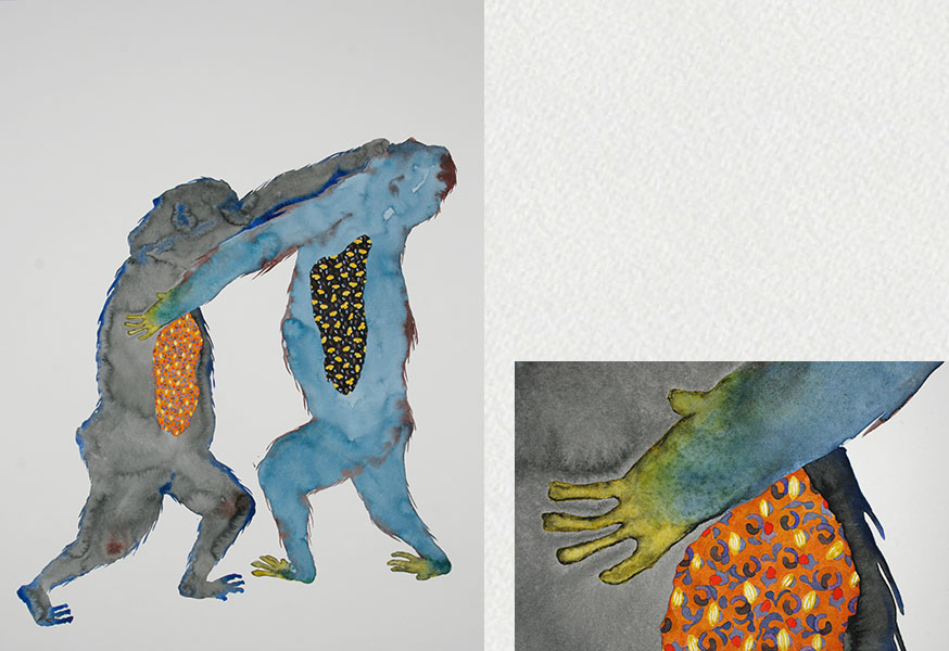 art contemporain, contemporary art, watercolor, aquarelle, posture, primate, motifs, pattern