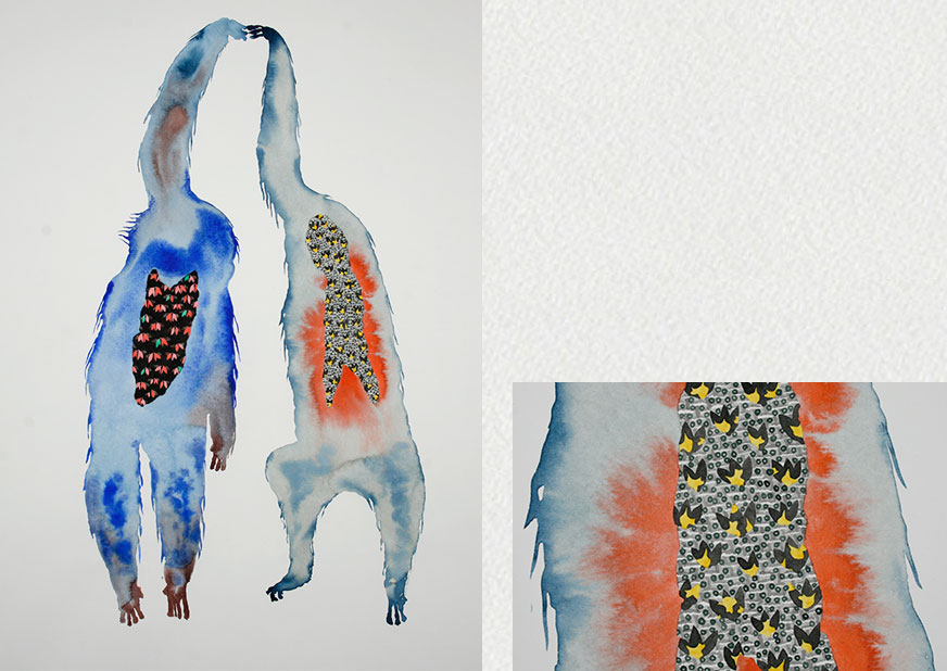 art contemporain, contemporary art, watercolor, aquarelle, posture, primate, motifs, pattern