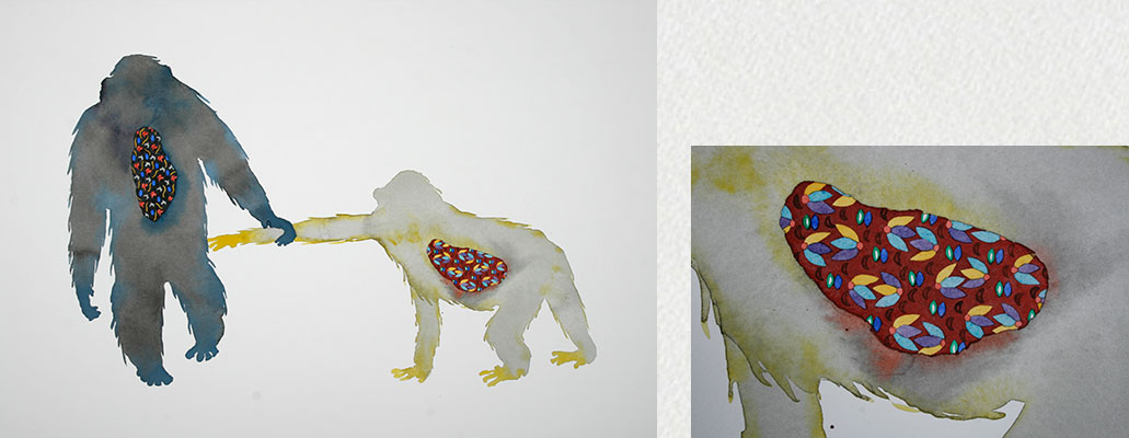 art contemporain, contemporary art, watercolor, aquarelle, posture, primate, motifs, pattern