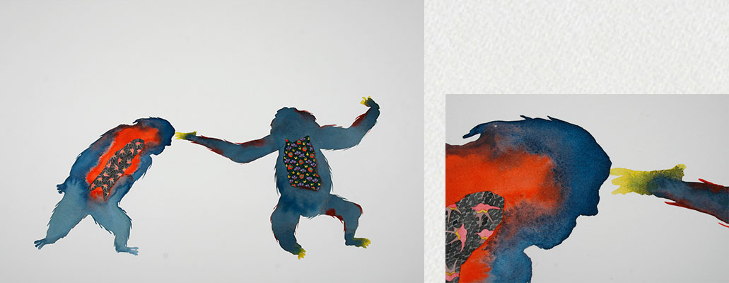 art contemporain, contemporary art, watercolor, aquarelle, posture, primate, motifs, pattern